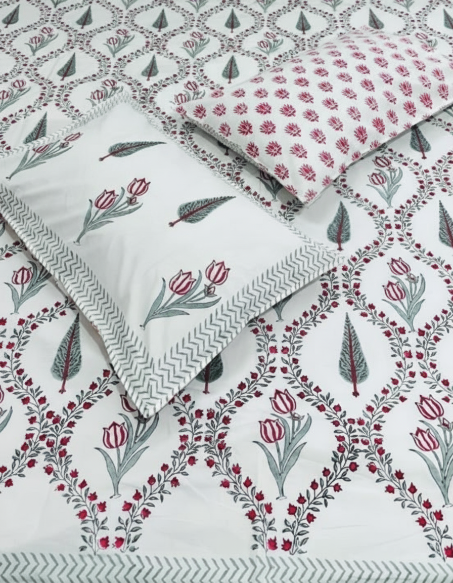 Floral patterned bedsheet with tulip design on a white background