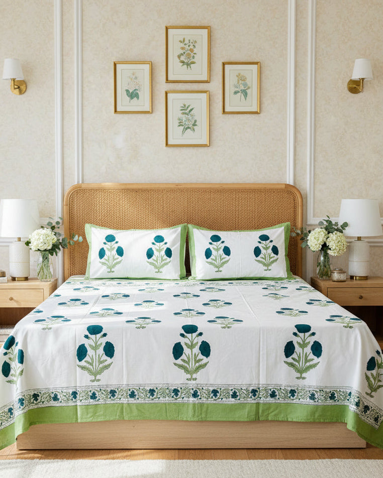 Shiuli- Percale Cotton Bedsheet | Hand Block