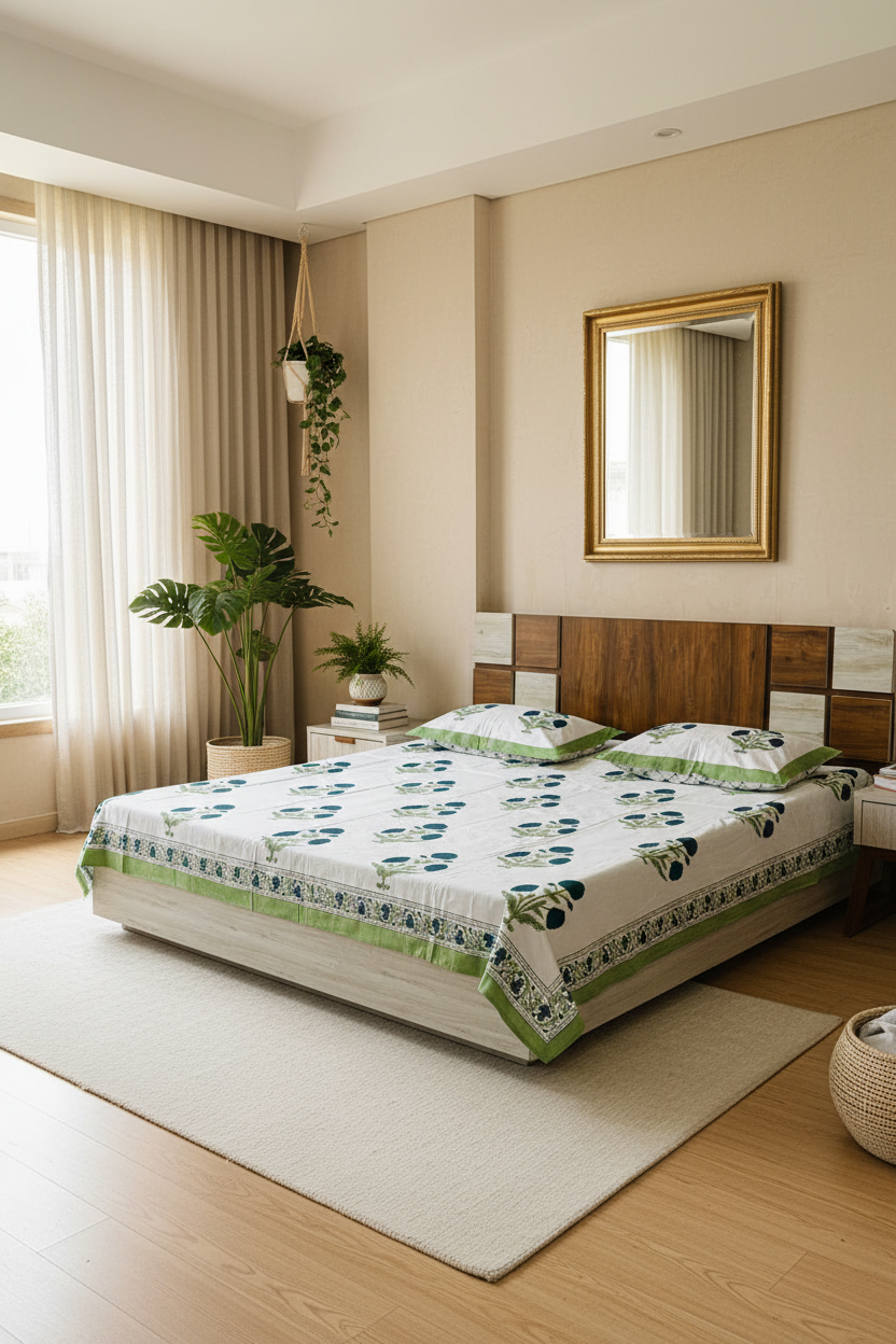 Shiuli- Percale Cotton Bedsheet | Hand Block