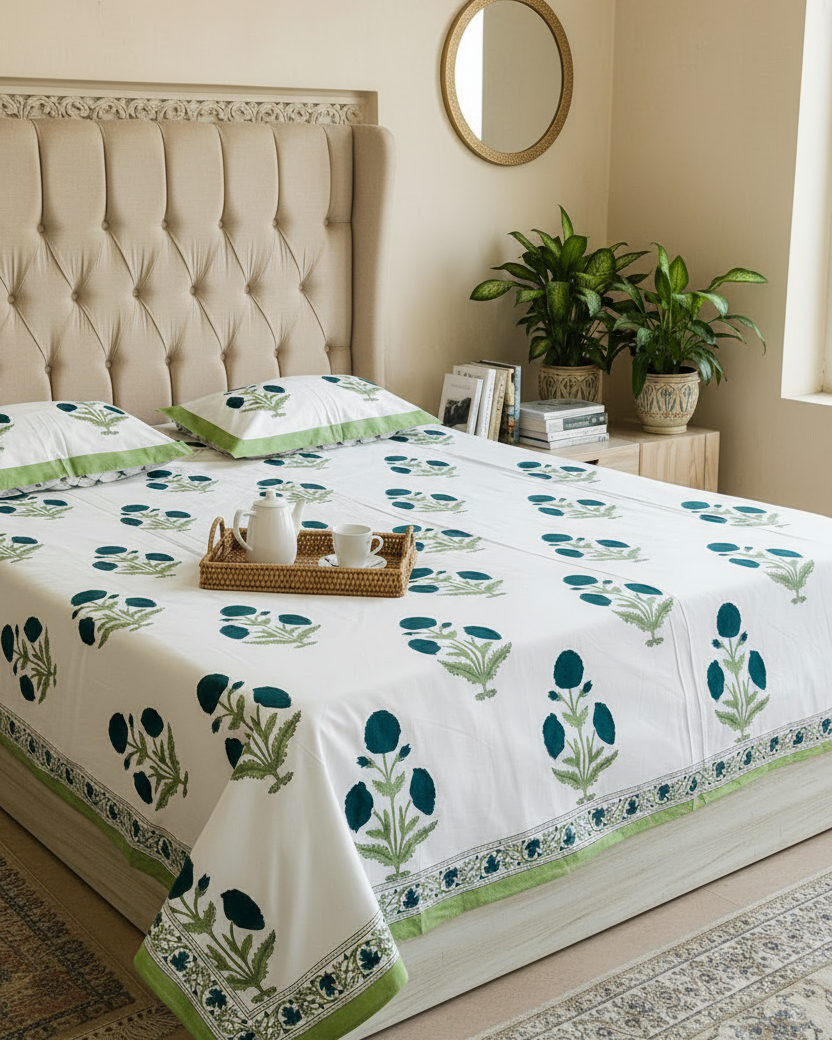 Shiuli- Percale Cotton Bedsheet | Hand Block