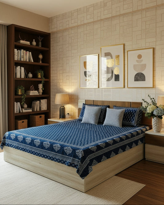 Blue and white patterned bedspread on a bed with matching pillows.