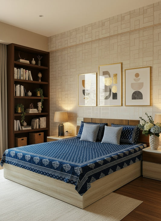 Blue and white patterned bedspread on a bed with matching pillows.