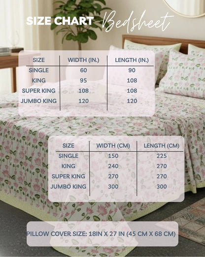 Bedsheet size chart in inches and centimetres for Single, King, Super King and Jumbo King