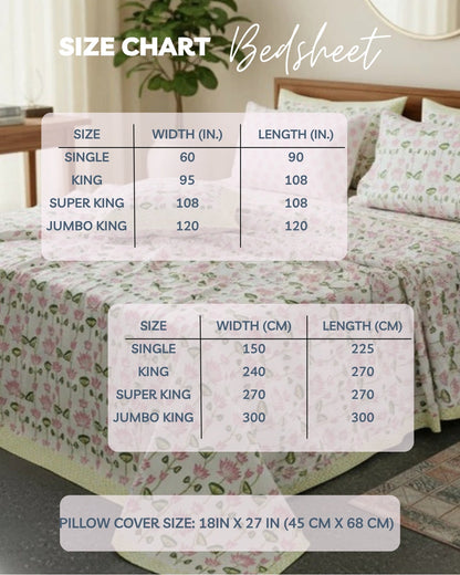 Bedsheet size chart in inches and centimetres for Single, King, Super King and Jumbo King