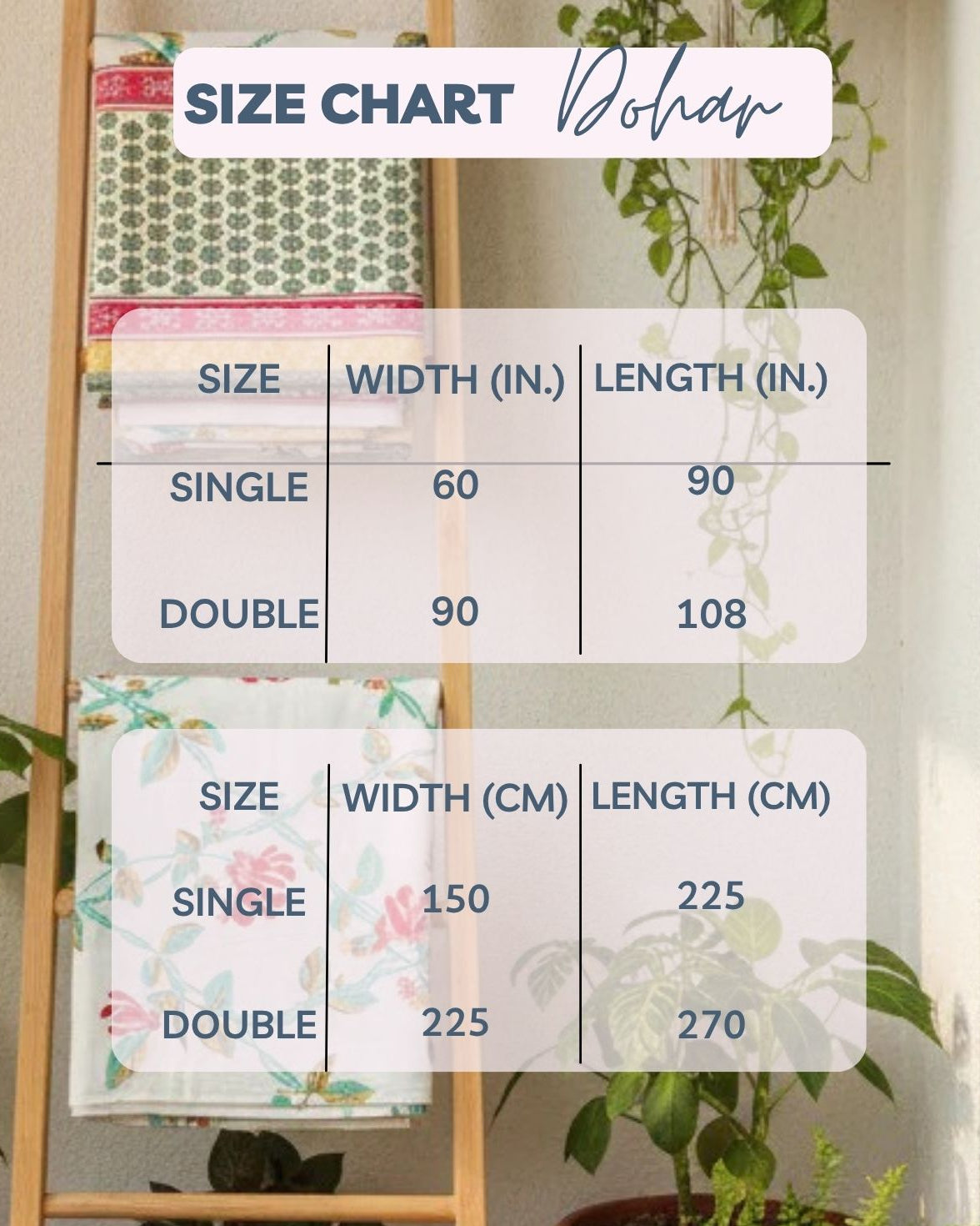 Dohar size chart in inches and centimetres for Pair of Single and Double