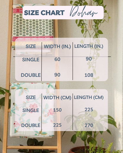 Dohar size chart in inches and centimetres for Pair of Single and Double