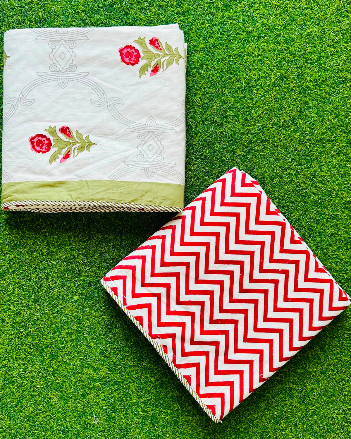 Sage medallion trellis reversible mulmul cotton dohar with red rose florets and a red chevron reverse