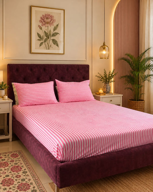 Stripe Sutra hot pink hand block Percale Cotton bedsheet – styled view