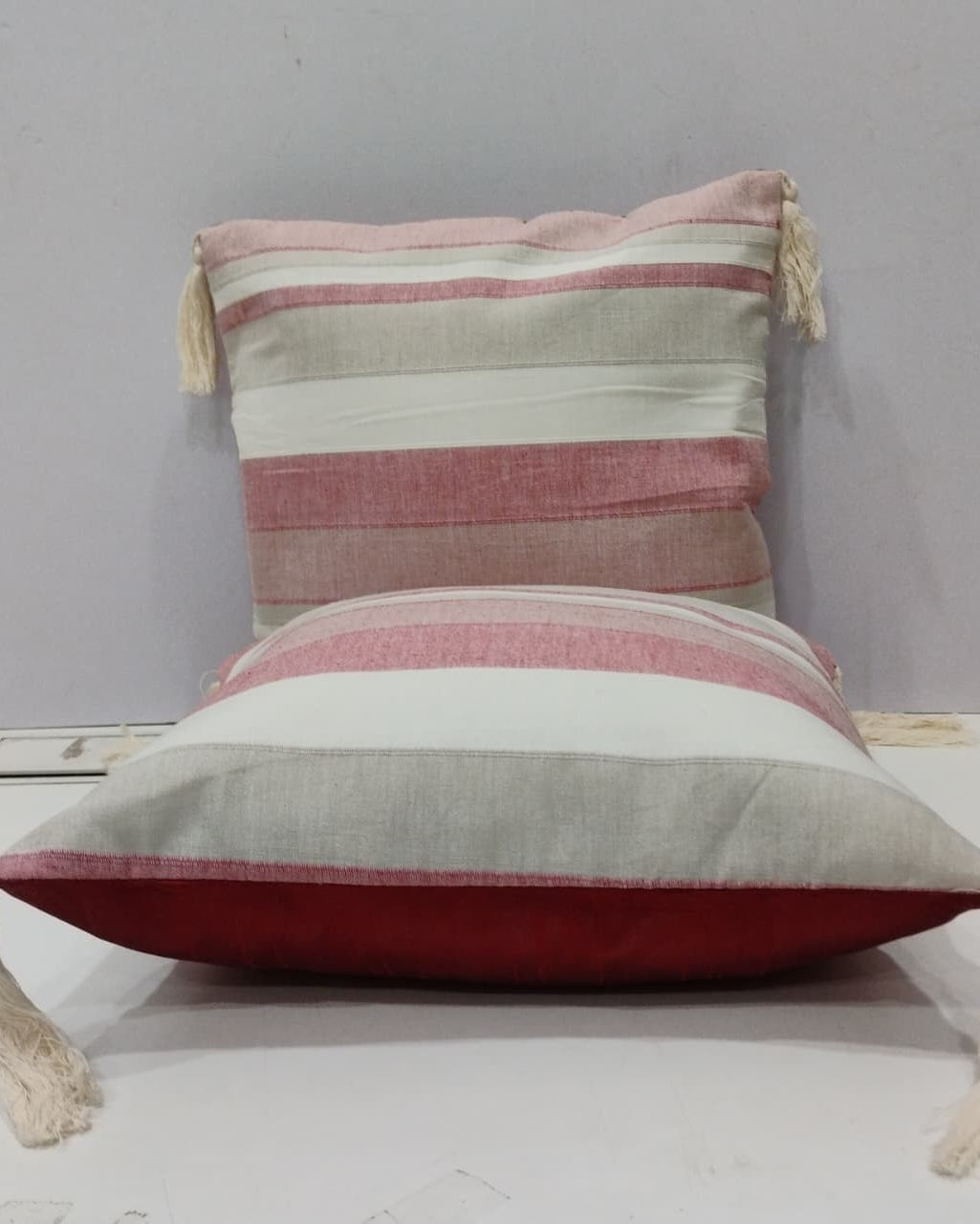 Stripe Sutra - Quilted Everyday Cotton Cushion Cover | Pink fabric close-up