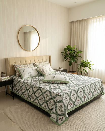 Sugandha Green Soft Fine Cotton bedsheet – green trellis floral design and matching pillow covers