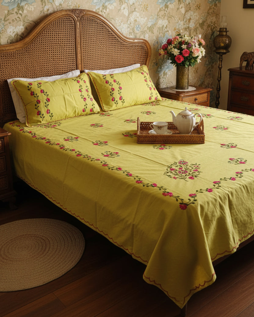 A lime green cotton bedspread set with matching pillowcases, featuring embroidered floral motifs and a decorative border, styled on a bed in a bedroom setting.