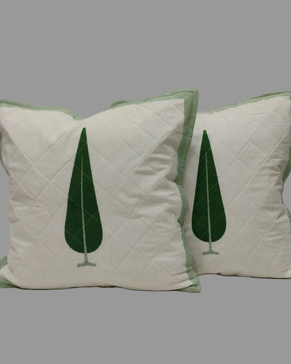 Pair of Suparna green quilted cushion covers with single cypress tree motifs