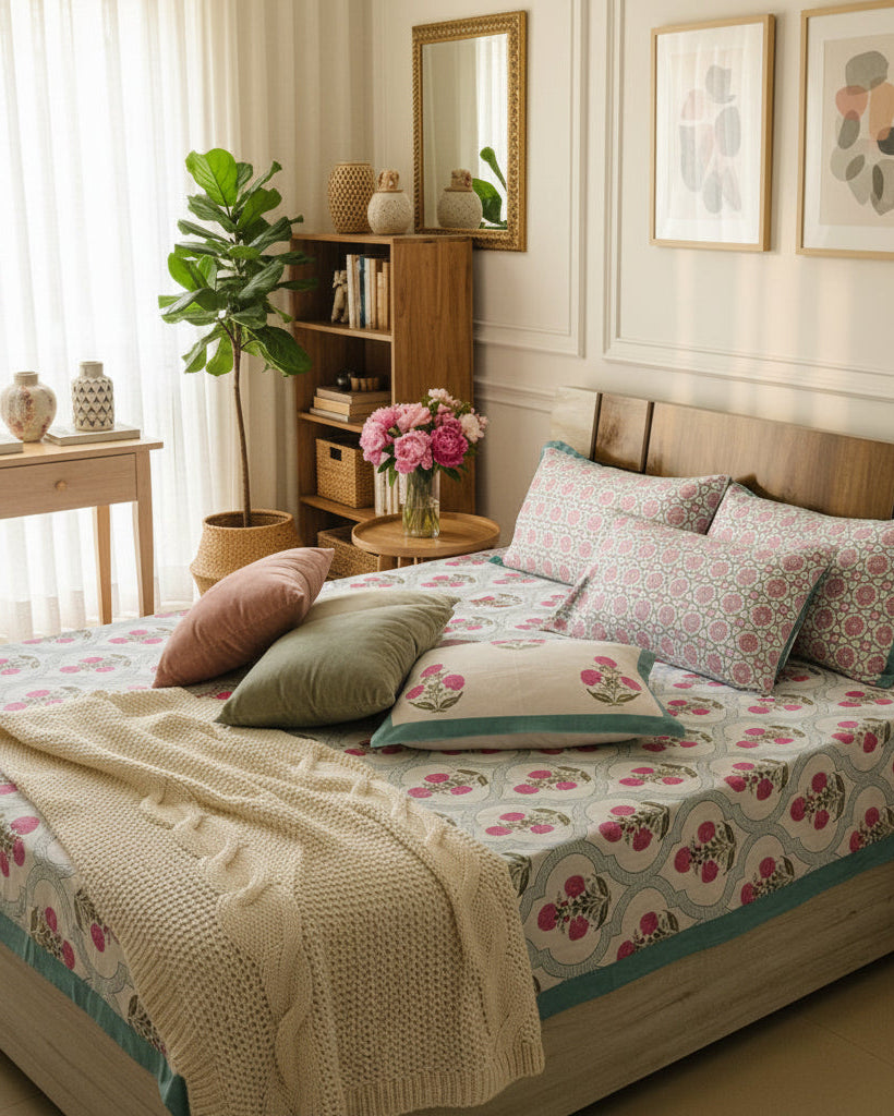 A bed dressed in a white printed bedsheet with pink floral motifs and a light blue border, plus two matching pillows, shown in a bedroom setting with a wooden headboard.