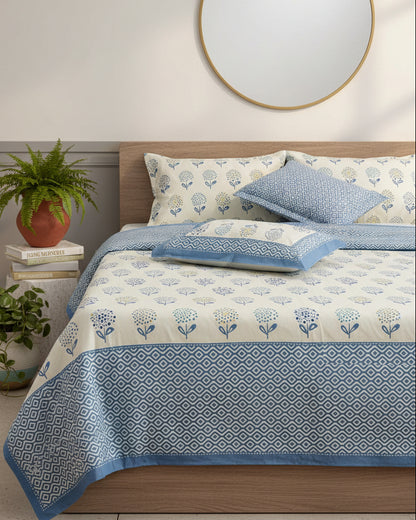 Surajmukhi blue floral pure cotton bedsheet – pillow cover detail