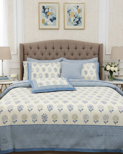 Surajmukhi blue floral pure cotton bedsheet – front view
