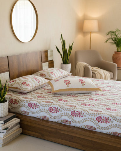 Close-up of tan trellis cotton fabric with pink florals and a gold border pillow cover