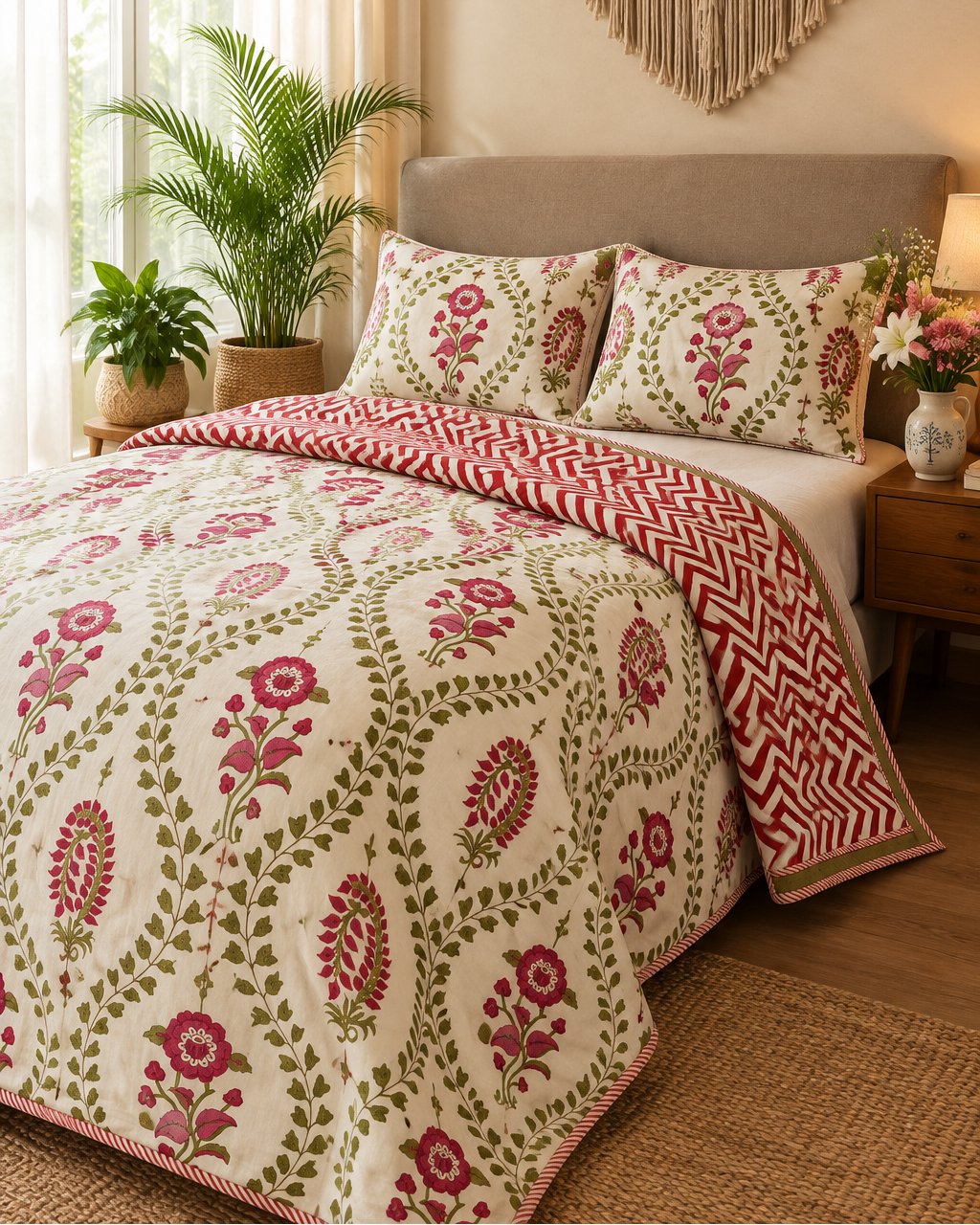 Surmayi green reversible Mulmul cotton dohar – styled view