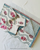 Sage vine trellis with magenta florals reversible mulmul cotton dohar with a blue-grey chevron reverse