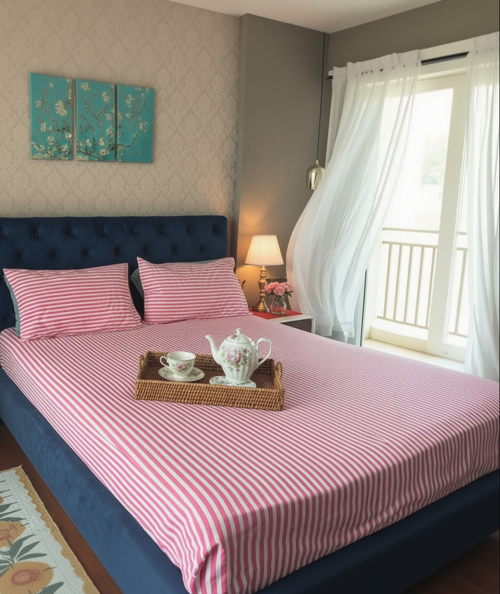 Stripe Sutra- Percale Cotton Bedsheet | Hand Block | Hot Pink
