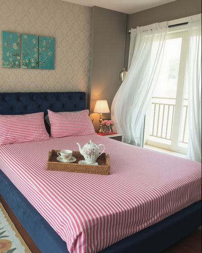 Stripe Sutra hot pink hand block Percale Cotton bedsheet – fabric detail