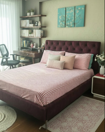 Stripe Sutra hot pink hand block Percale Cotton bedsheet – close-up view