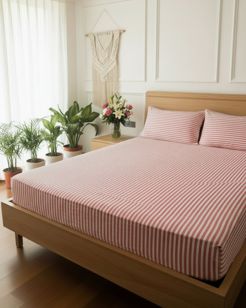 Stripe Sutra- Percale Cotton Bedsheet | Hand Block | Hot Pink