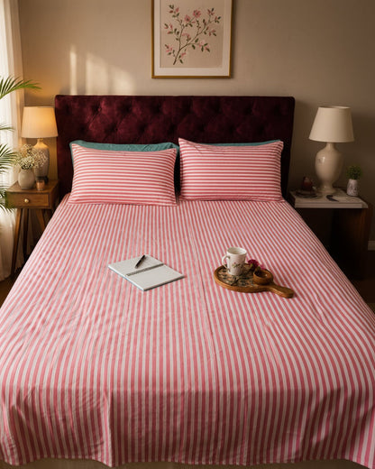 Stripe Sutra hot pink hand block Percale Cotton bedsheet – front view