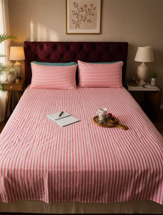 Stripe Sutra- Percale Cotton Bedsheet | Hand Block | Hot Pink