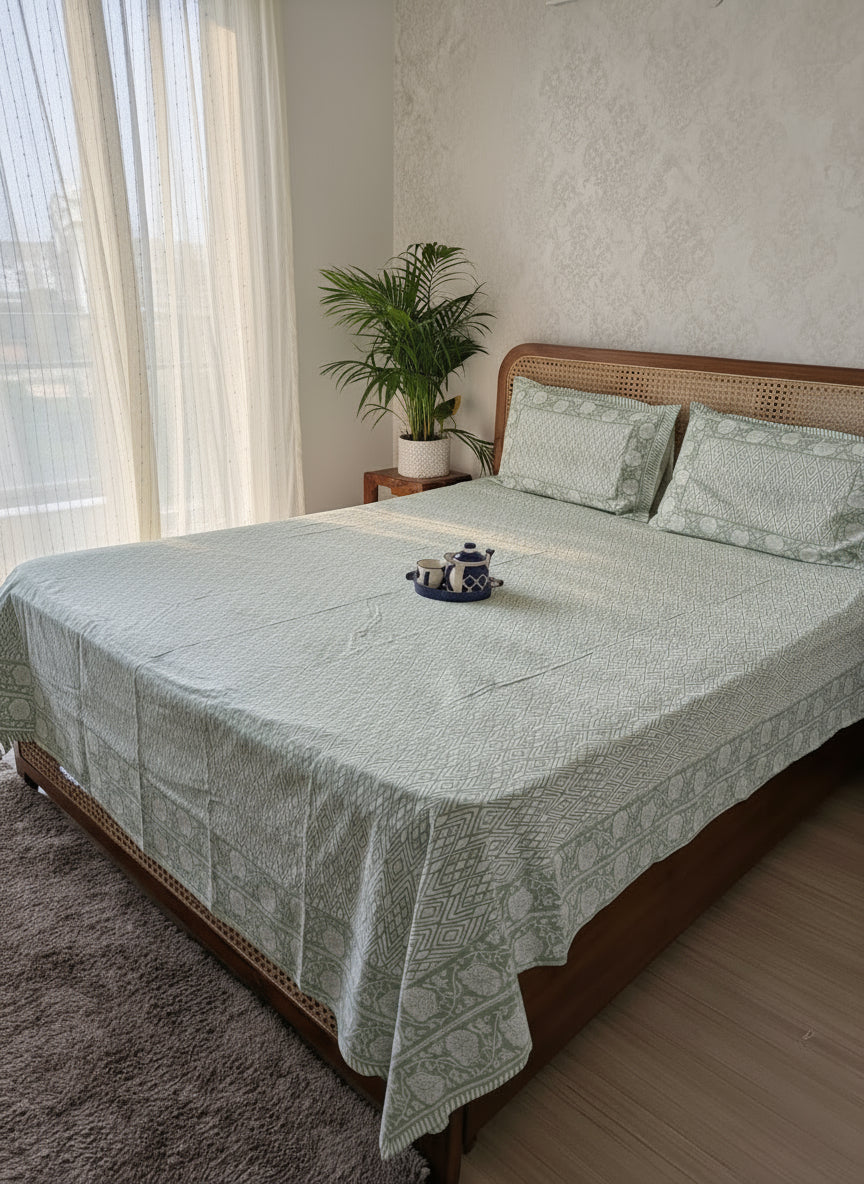 Bedroom with a bed covered in a green patterned bedsheet and reversible pillows