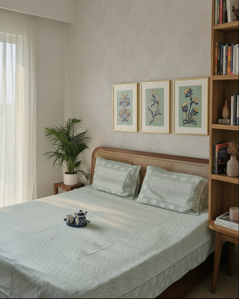 Bedroom with a bed covered in a green patterned bedsheet and reversible pillows