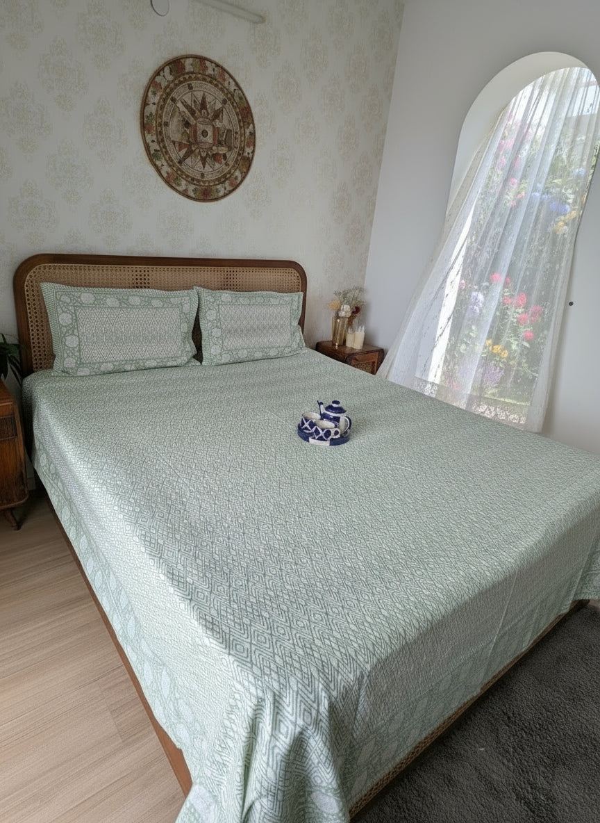 Bed with green bedsheet and a small decorative item in a room
