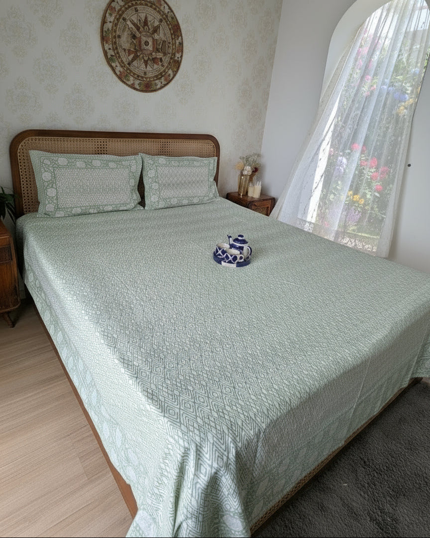 Bed with green bedsheet and a small decorative item in a room