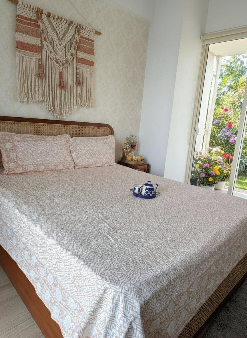 Bedroom with a bed featuring a patterned bedsheet and pillows in peach and white, a nightstand with a lamp