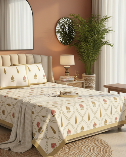 Ochre brown lotus jaal cotton bedsheet with matching pillow covers styled in a terracotta bedroom