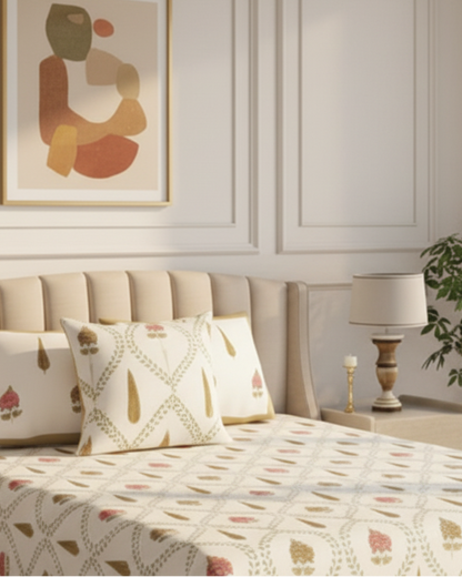 Tarangini brown lotus cotton bedsheet with cream and gold pillow covers against a panelled wall