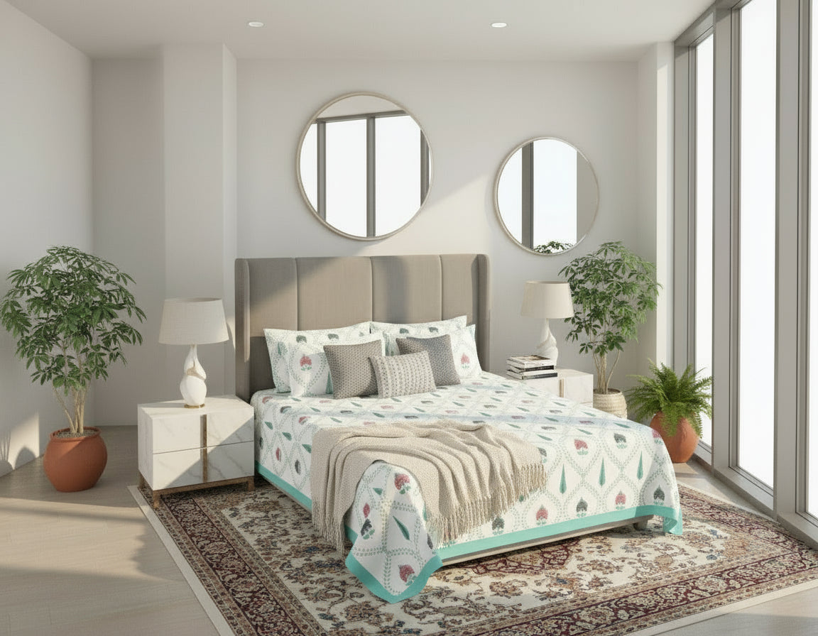 Bedspread with floral pattern on a bed in a bedroom setting