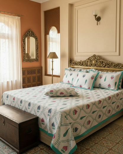 Teal green lotus motif cotton bedsheet on ivory with a teal border and matching pillow covers