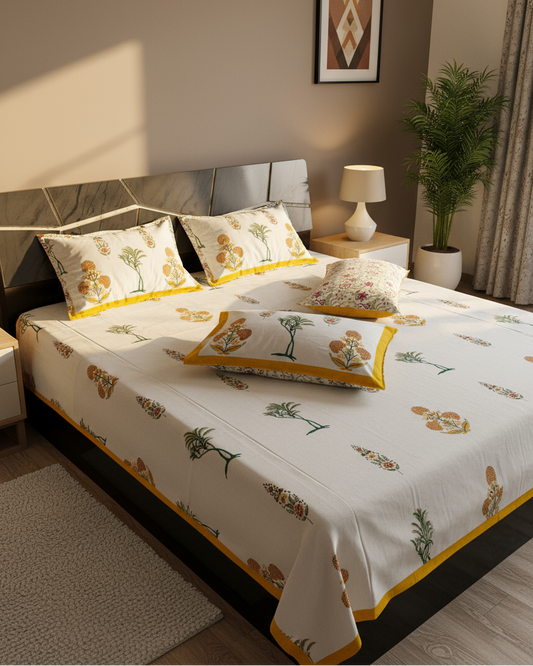 Bedroom with floral-patterned bedspread and pillows