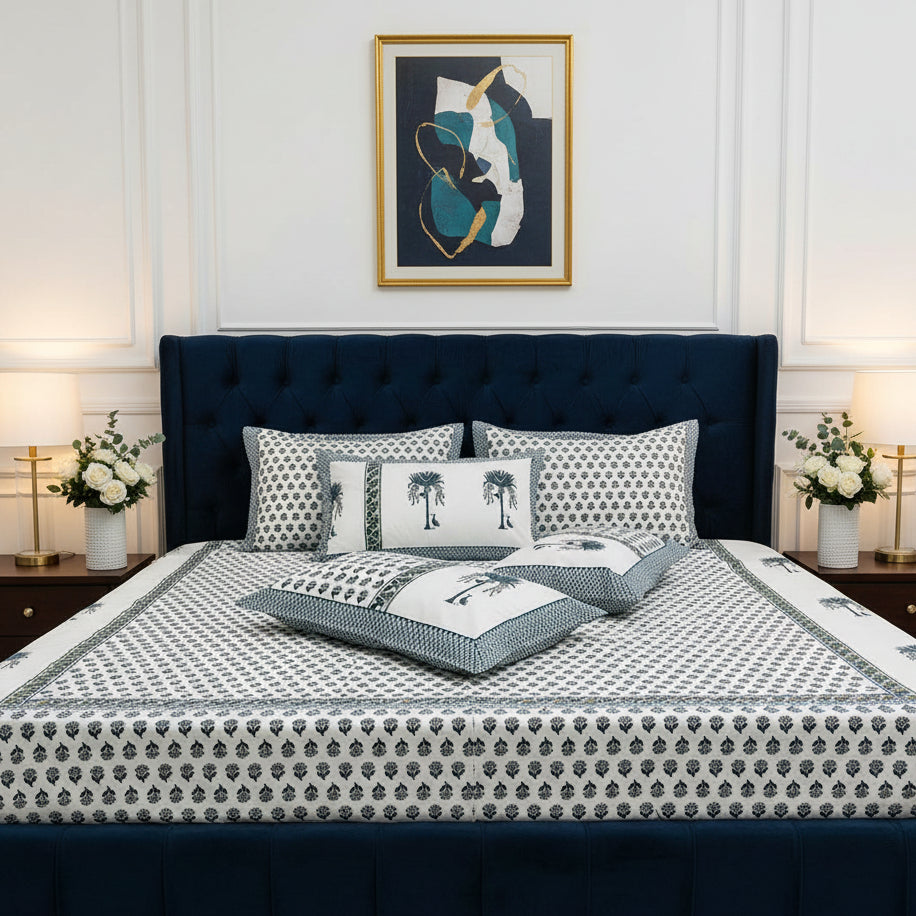Utsav blue Everyday Cotton Super King bedsheet – styled view