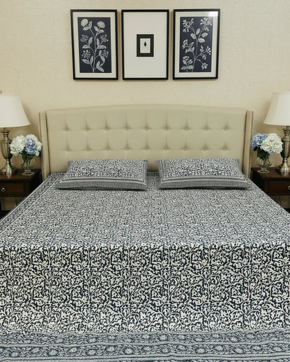 Vanalika blue botanical pure cotton bedsheet – front view