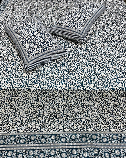 Vanalika blue botanical pure cotton bedsheet – fabric close-up