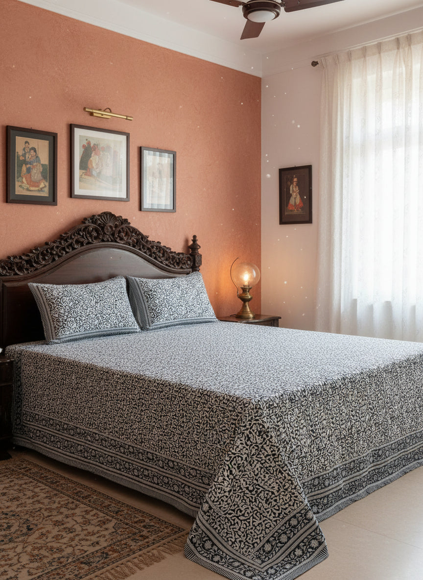 Blue and white patterned bedspread with matching pillows on a bed.