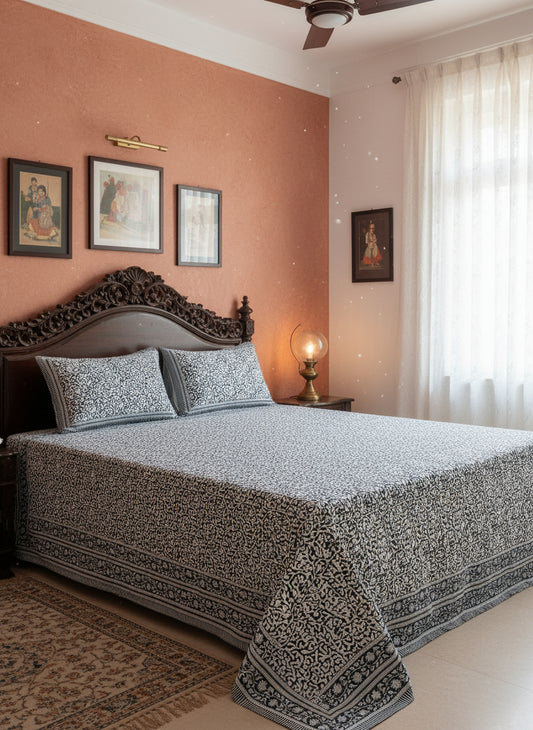 Blue and white patterned bedspread with matching pillows on a bed.