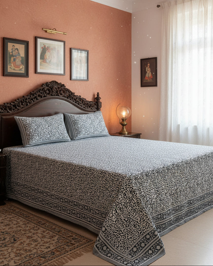 Blue and white patterned bedspread with matching pillows on a bed.