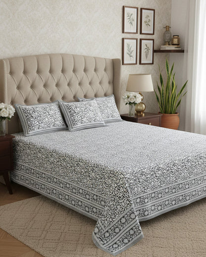 Vanalika grey pure cotton bedsheet – styled on a bed