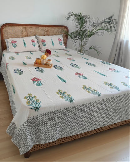 Vasantika grey floral pure cotton bedsheet – left-side view