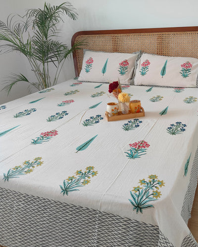 Vasantika grey floral pure cotton bedsheet – right-side view