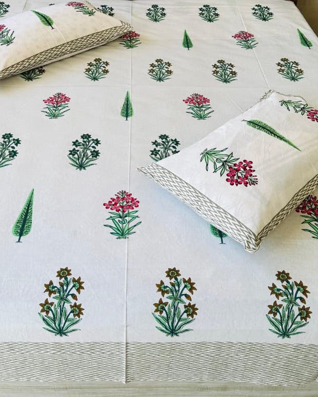 Vasantika olive rose pure cotton bedsheet – fabric close-up