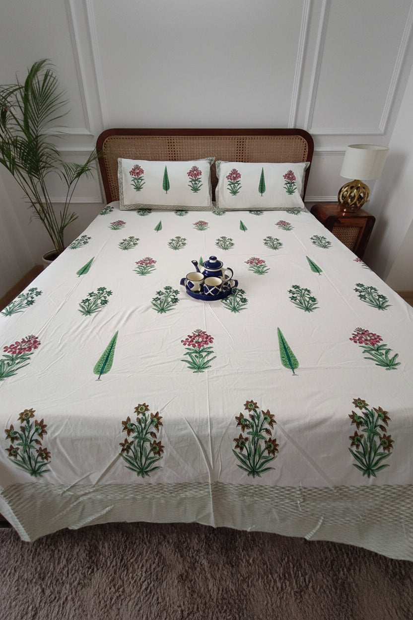 Pink and mustard floral booti cotton bedsheet with olive cypress leaves and an olive border
