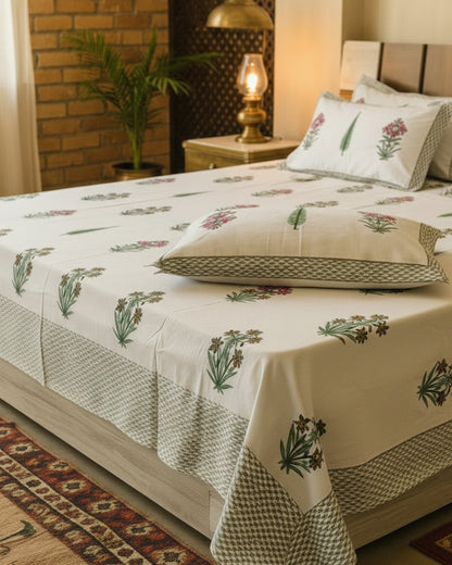 Vasantika olive rose pure cotton bedsheet – left-side view